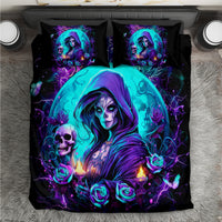Black bedding set with duvet and two pillowcases, hooded witch, skull, glowing candles