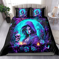 Black duvet cover and two pillowcases featuring hooded witch portrait with teal skull
