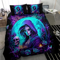 Black bedding set with hooded witch scene, skull detail, purple and teal roses