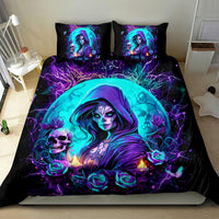 Black duvet cover set with hooded witch artwork, glowing candles and roses in purple/teal