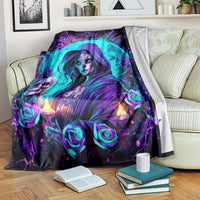 Witch skull print blanket with hooded sorceress, glowing candles and teal-purple roses