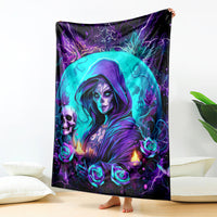 Dark witch skull blanket panel with teal hooded figure, roses, skulls, electric lightning