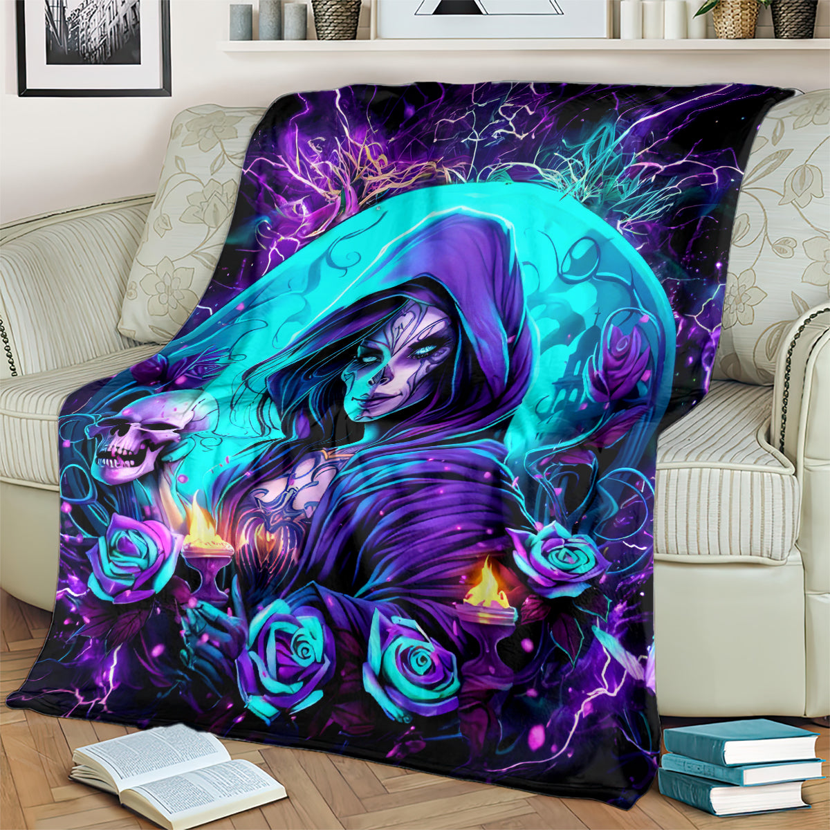 Witch skull blanket with hooded woman, teal halo, purple lightning, skull and rose details