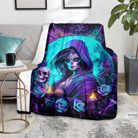 Hooded witch skull blanket with teal hood, purple roses, candle flames, neon lightning