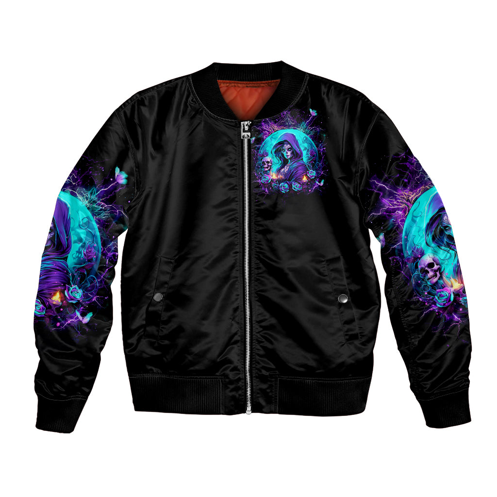 Black bomber jacket with front zipper, neon witch and skull chest graphic and sleeve art