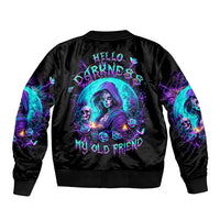 Black bomber jacket with ribbed collar and sleeves, neon witch and skull graphic on back