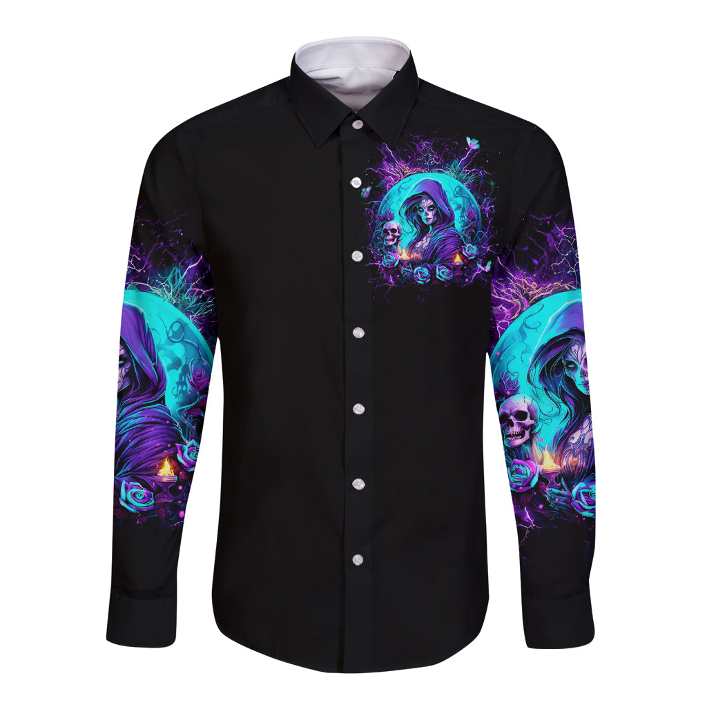 Black unisex long sleeve button shirt, front witch portrait with skulls sleeve print