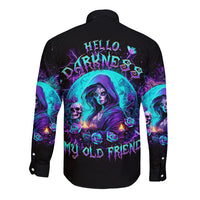 Black unisex long sleeve button shirt, back graphic of witch and skulls