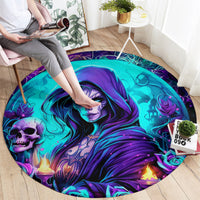 Round witch skull carpet with colorful gothic witch portrait, skull and flame graphics