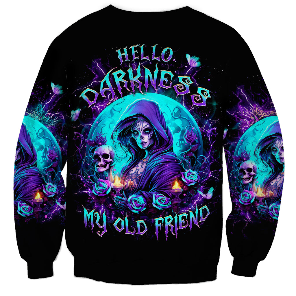 Unisex black sweatshirt with neon witch skull graphic and 'Hello Darkness' print