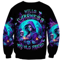 Unisex black sweatshirt with neon witch skull graphic and 'Hello Darkness' print