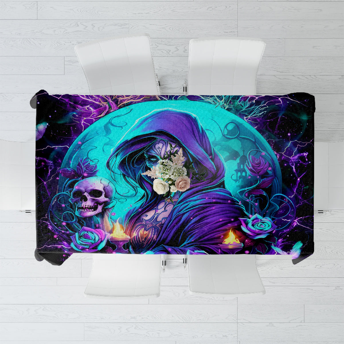 Black tablecloth with neon purple and teal witch artwork and skull motif