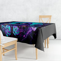 Black tablecloth with purple teal rose and flame-style fantasy design