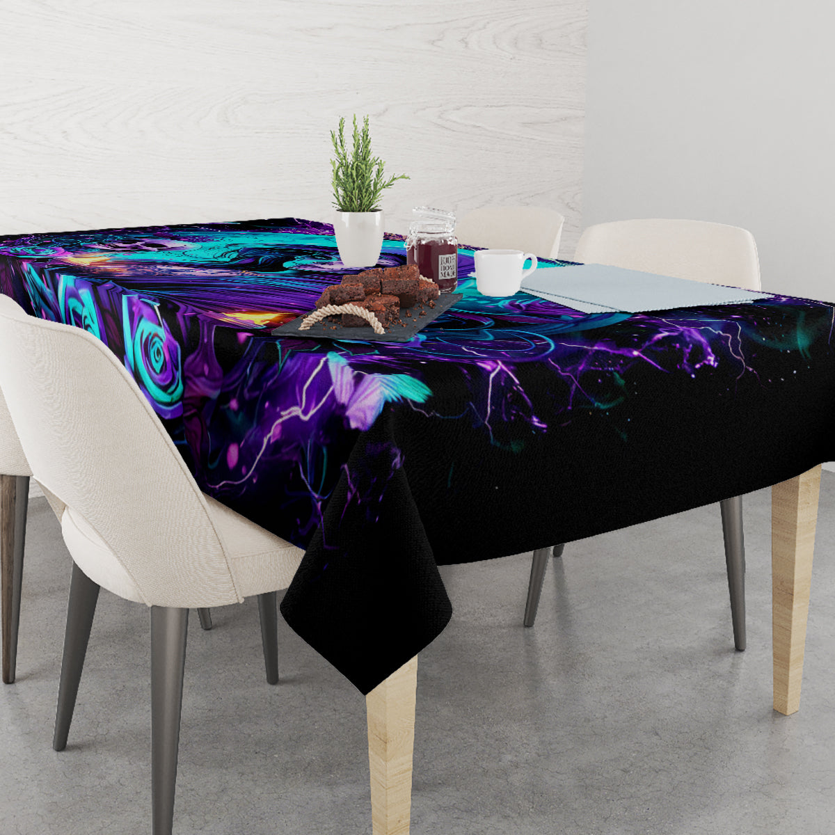 Black tablecloth with purple and teal fantasy rose pattern