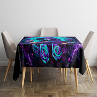 Black tablecloth with purple teal rose and electric swirls, rectangular