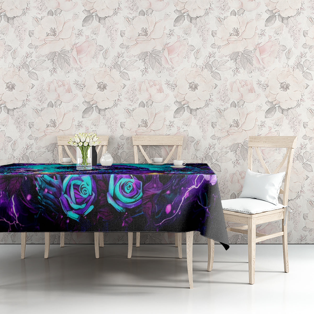 Black tablecloth with purple teal rose and abstract fantasy lightning