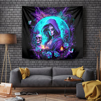 Wall-hung black tapestry with hooded witch, skull, glowing candles, roses, purple-blue lightning