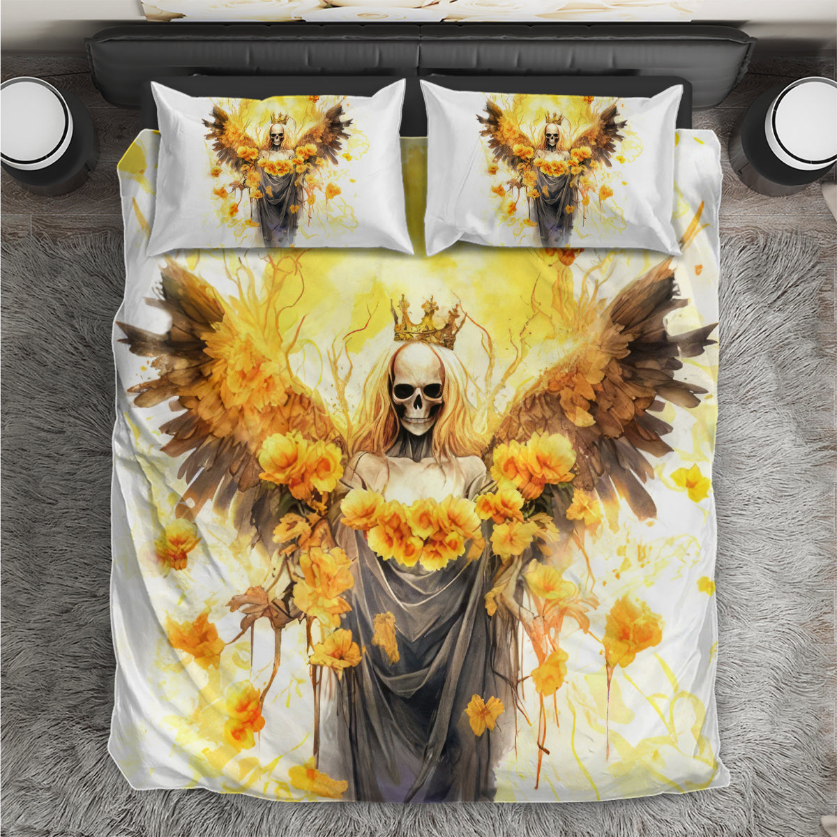 White bedding set with angel skull and golden flowers, winged halo motif