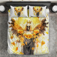 White bedding set with angel skull and golden flowers, winged halo motif