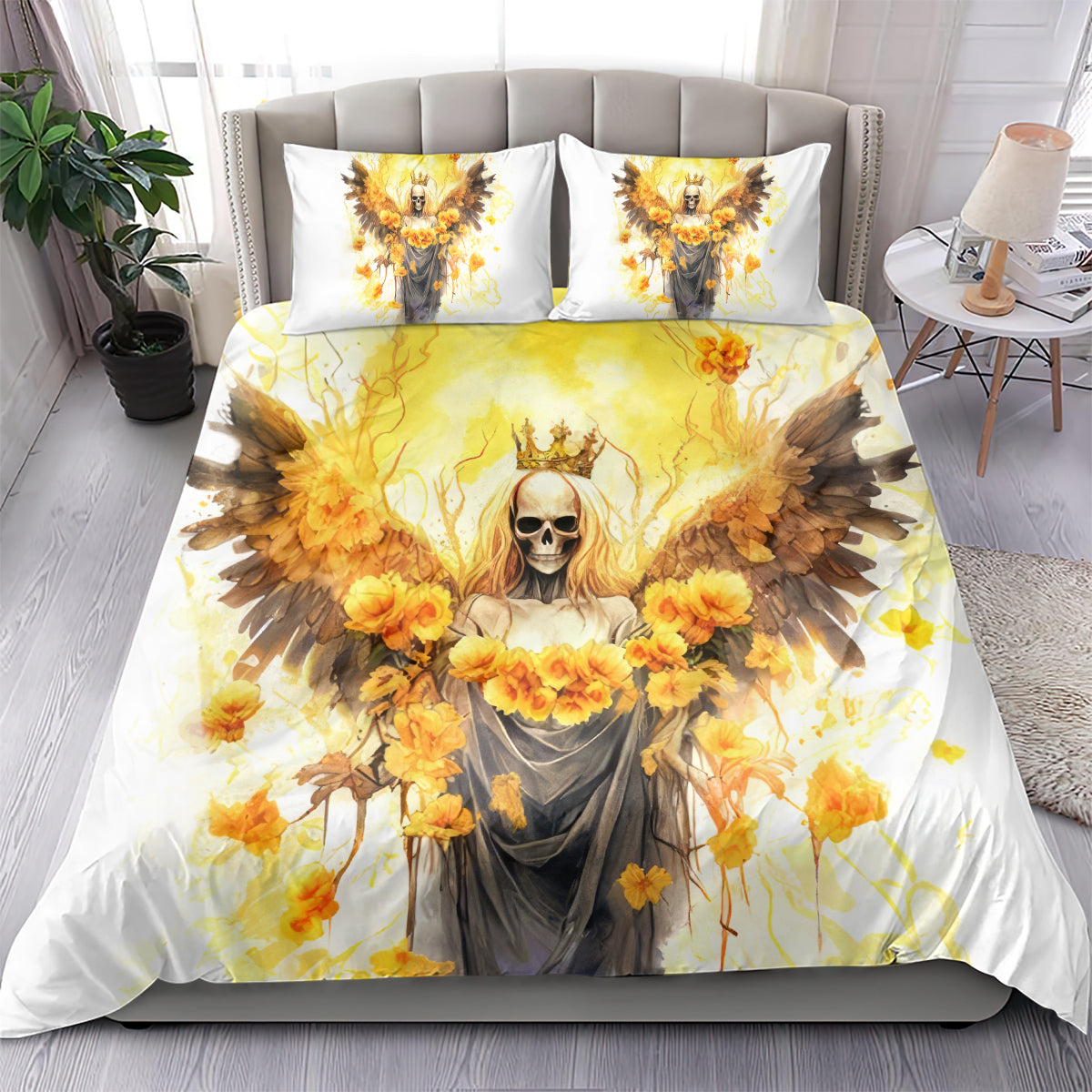 White bedding set with queen angel skull, yellow flower wings, matching pillowcases