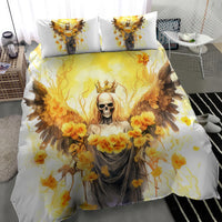 White bedding set with angel skull and golden flower spread, duvet with pillowcases