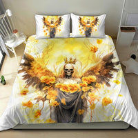 White bedding set with angel skull crown, golden floral wing artwork on duvet and pillows