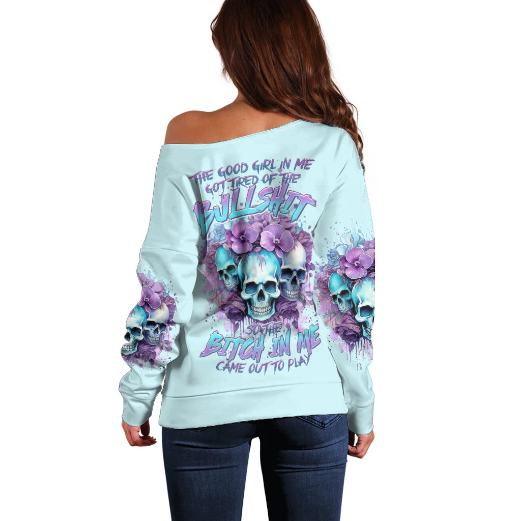 Flower Skull Angel Off Shoulder Sweater The Good Girl In Me Got Tired Of The Bullshit - Wonder Print Shop