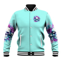 Teal varsity baseball jacket with snap button front, skull-flower emblem, striped cuffs