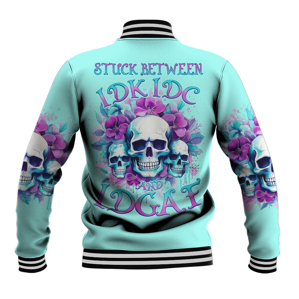 Flower Skull Angel Baseball Jacket Stuck Between IDK IDC and IDGAF - Wonder Print Shop