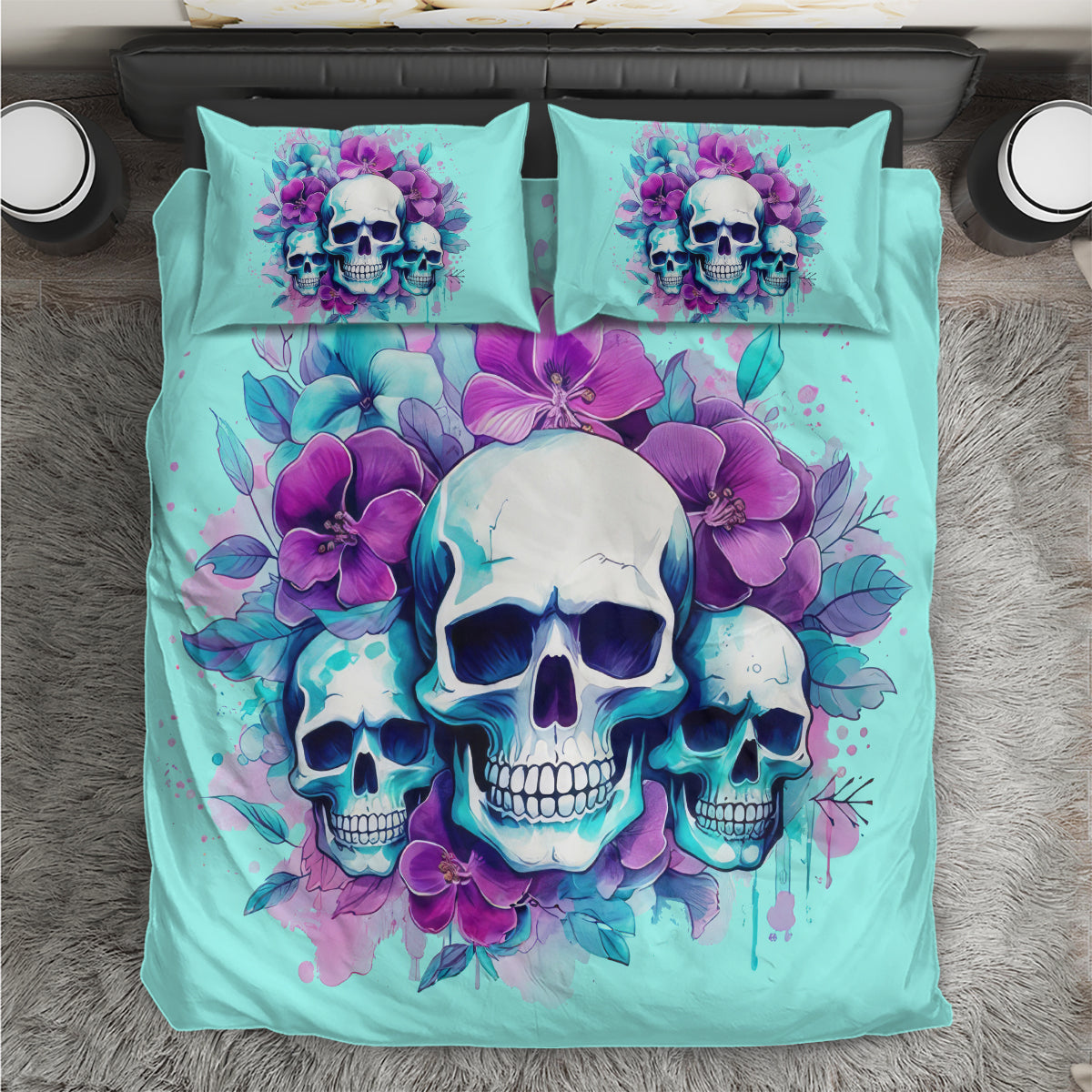Turquoise bedding set with three skulls and purple orchids, matching pillowcases