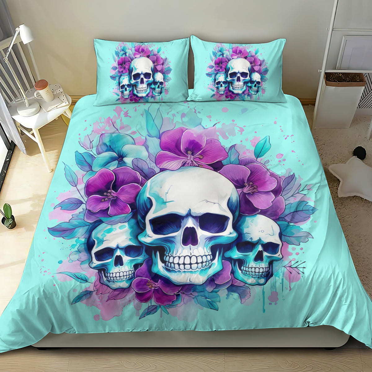 Turquoise bedding set with skull artwork and purple orchids, centered on duvet and pillows