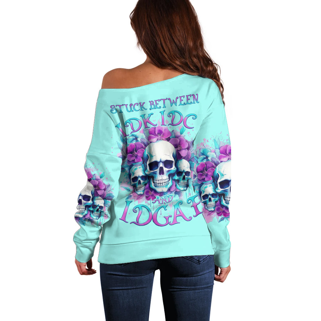 Flower Skull Angel Off Shoulder Sweater Stuck Between IDK IDC and IDGAF - Wonder Print Shop