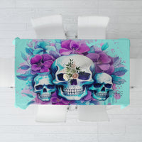 Blue rectangular tablecloth with skull-and-angel flower graphic