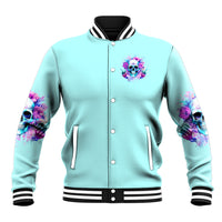 Aqua baseball jacket with skull-and-flowers front graphic, snap buttons, striped ribbed cuffs