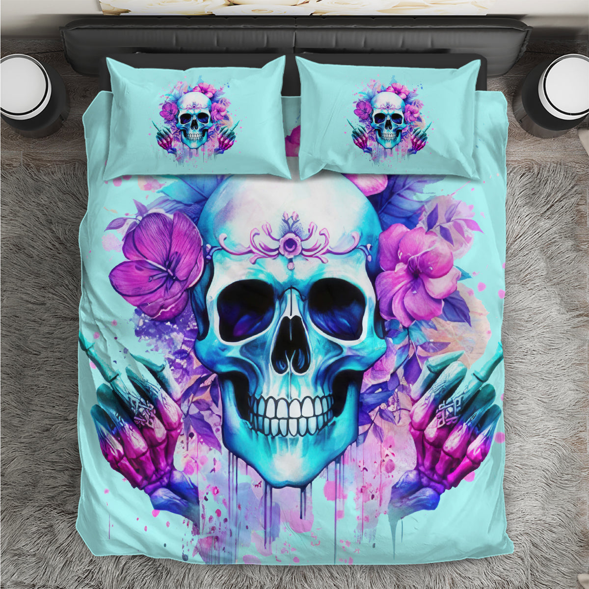 Aqua bedding set with skull artwork, purple flowers, and two matching pillowcases