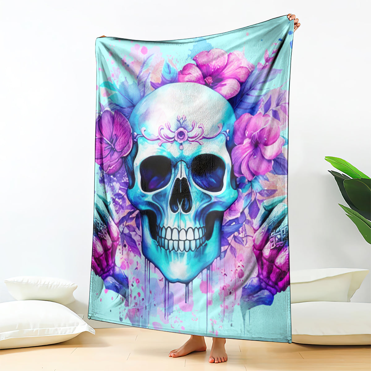 Blue skull floral blanket hanging display with purple blooms and dripping paint effect