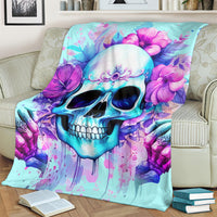 Blue skull floral blanket close drape with purple petals and skull face graphic