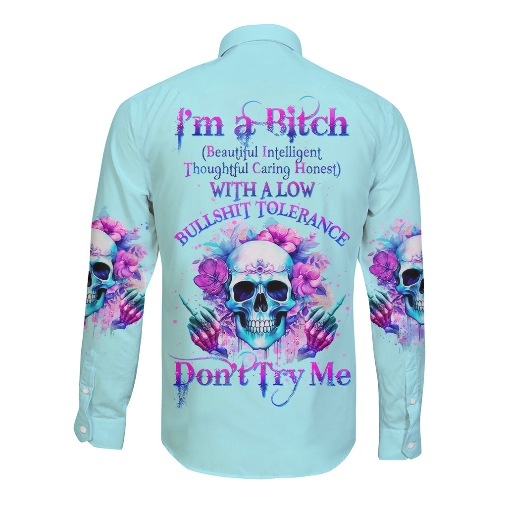 Flower Skull Angel Long Sleeve Button Shirt I'm A Bitch With A Flow Bullshit Tolerance - Wonder Print Shop