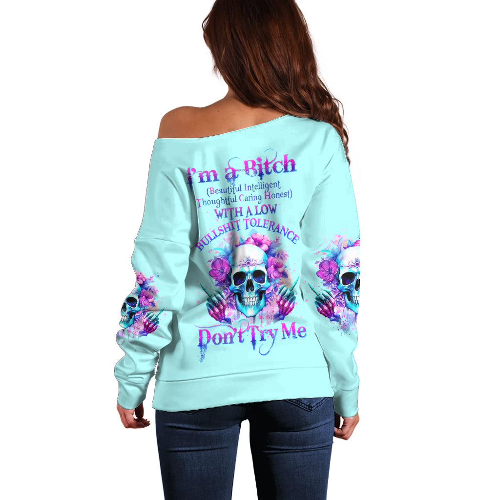 Flower Skull Angel Off Shoulder Sweater I'm A Bitch With A Flow Bullshit Tolerance - Wonder Print Shop