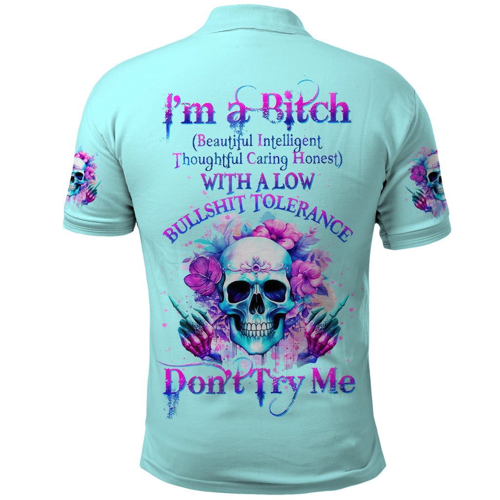 Flower Skull Angel Polo Shirt I'm A Bitch With A Flow Bullshit Tolerance - Wonder Print Shop