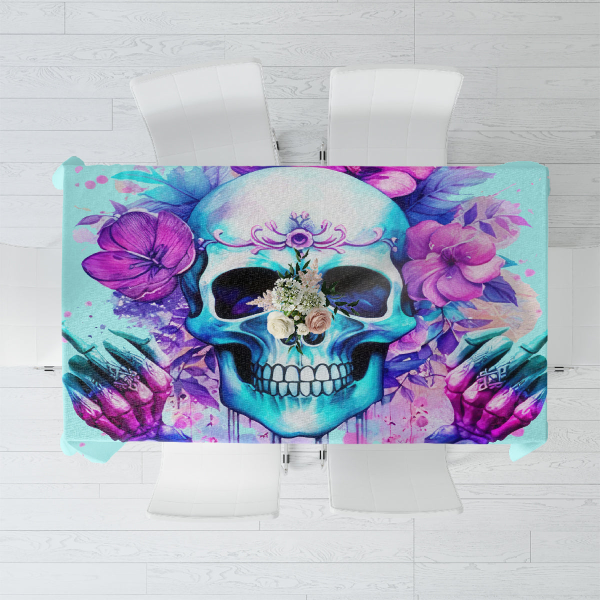 Blue tablecloth with skull and purple floral angel artwork, rectangular print