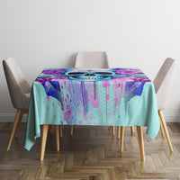Blue tablecloth for dining table with skull center and purple paint streaks