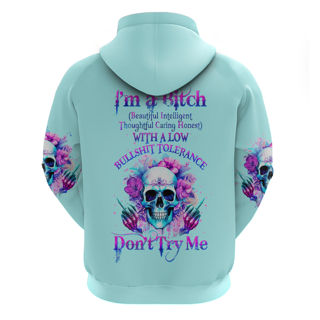 Flower Skull Angel Zip Hoodie I'm A Bitch With A Flow Bullshit Tolerance - Wonder Print Shop