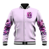 Lavender unisex baseball jacket with front button placket, pink skull rose chest print