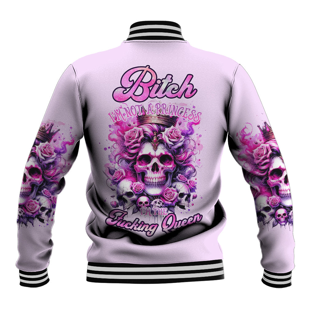Lavender unisex baseball jacket with pink rose skull back graphic and striped rib collar