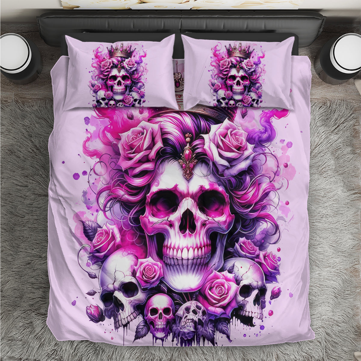 Pink skull and rose bedding set with crown, two matching square pillowcases