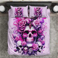 Pink skull and rose bedding set with crown, two matching square pillowcases