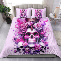 Pink skull and rose bedding set with crown artwork, two pillowcases and comforter