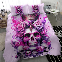 Pink skull and rose bedding set with crown, large central skull graphic on comforter
