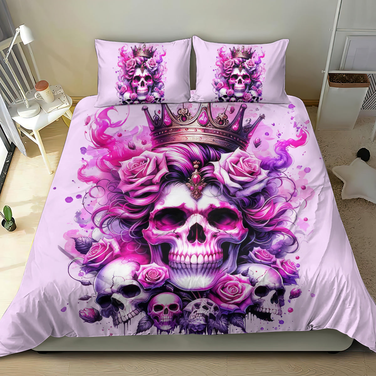 Pink skull and rose bedding set with ornate crown print on comforter and two pillows
